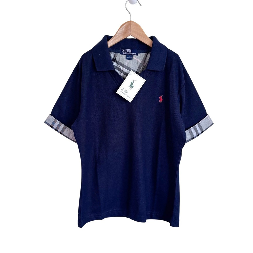Polo Ralph Lauren Boys Plaid Trim Preppy Polo Shirt Size L Blue Academia Cotton